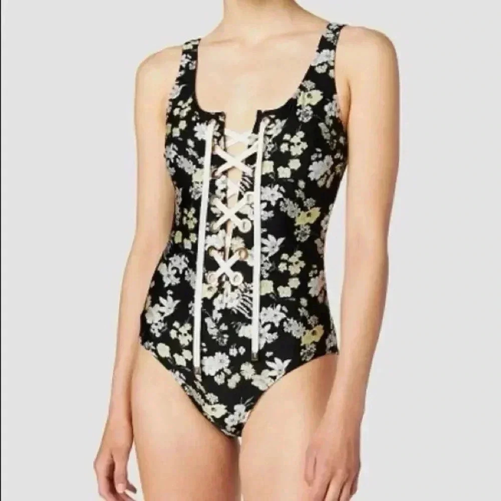Derek Lam 10 Crosby Women Black Stretch Floral One Piece Lace-Up Swimsuit Size L